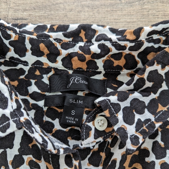 J Crew Small Leopard Linen Button Up Down Long Sleeve Top Shirt Slim Black Cream - Picture 5 of 6